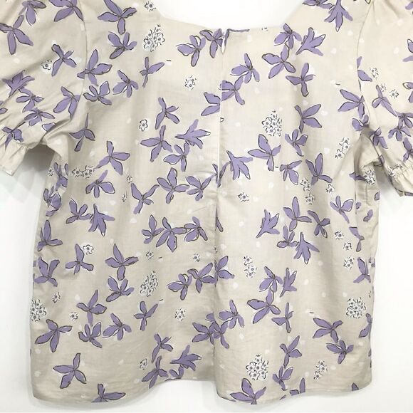 Senlis Anthropologie 100% Cotton Purple Cream Floral Puff Sleeve Blouse - Picture 7 of 15